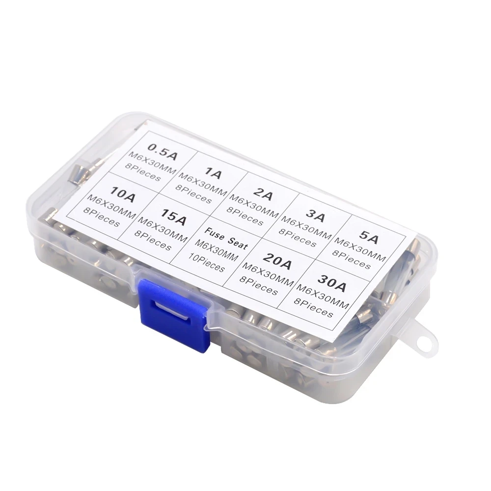 72PCS/LOT 6x30 6*30 mm Fast-blow Glass Fuses Assorted Kit 250V 0.5A 1A 2A 3A 5A 10A 15A 20A 30A AMP Tube Fuses 15kinds 200pcs box 6 30 5 20 fast blow glass fuse assorted kit 0 1a 30a household fuses automobile glass tube fuse in stock