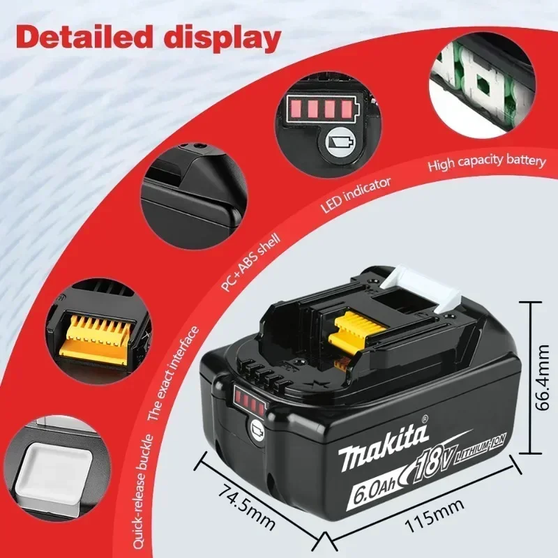 100% Original Makita Rechargeable Battery, Replaceable LED Lithium-ion, 6.0Ah 18V BL1860B BL1860 BL1850 BL1830 BL1815 3