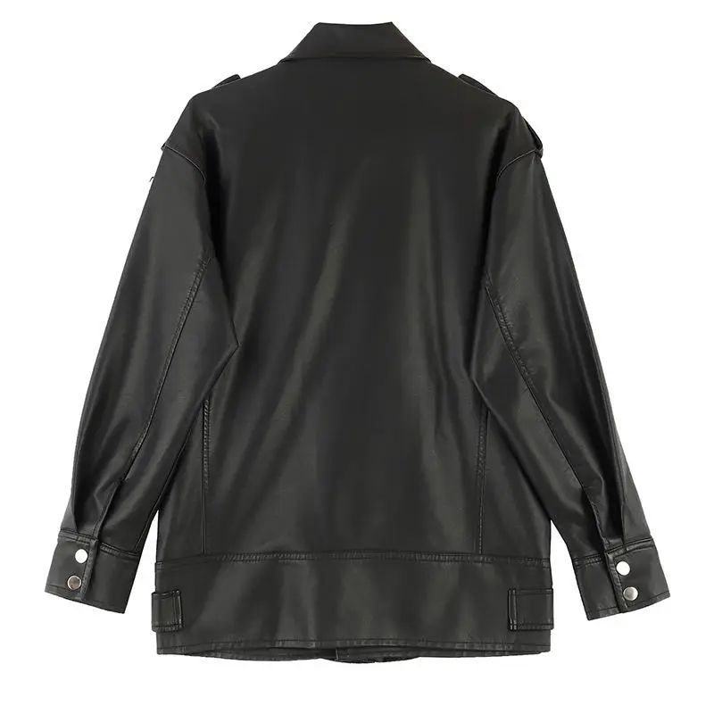 Leather Coat Women's Mid Length 2023 Spring New Korean Version Loose Large Size BF Motorcycle Suit Hong Kong Style Leather Jacke