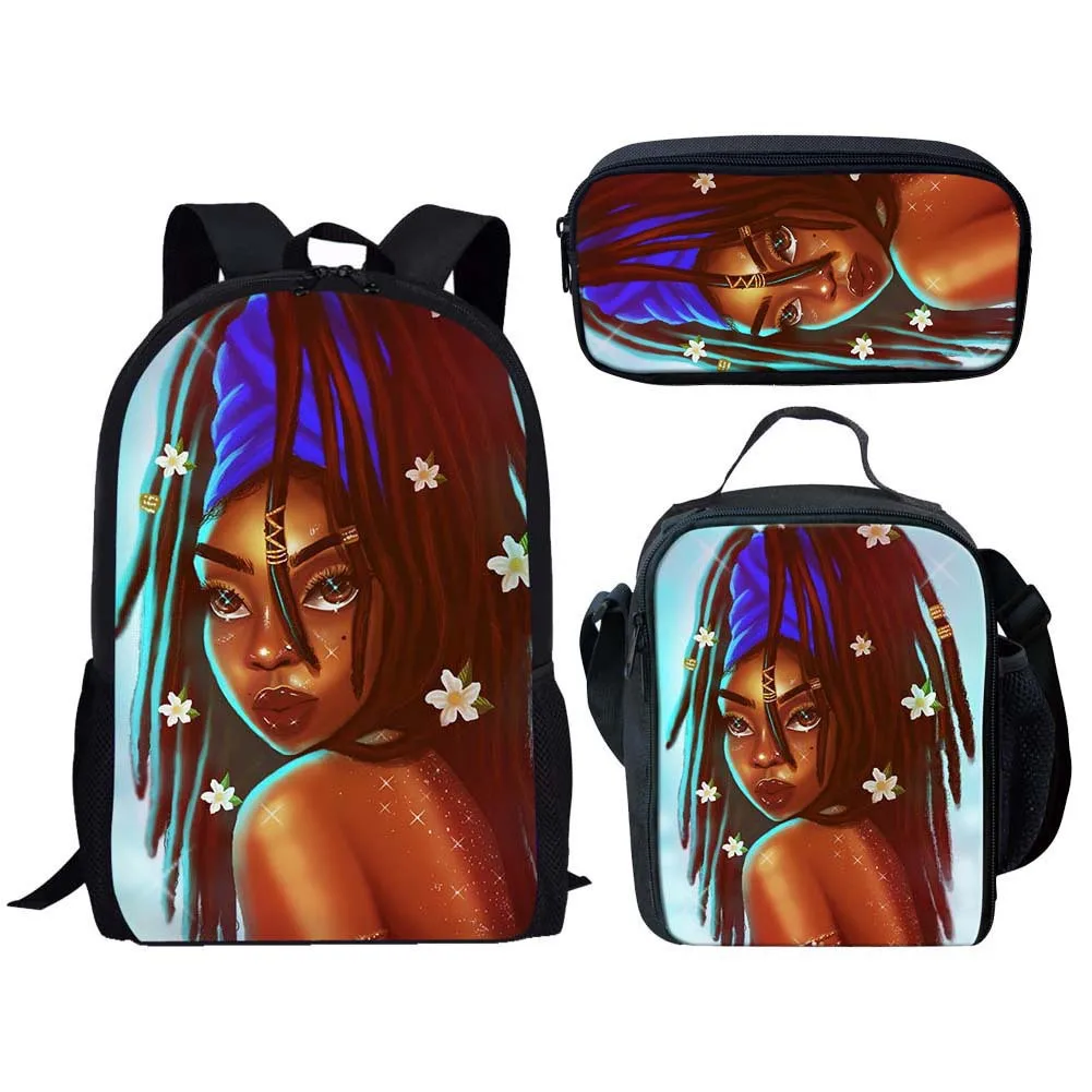 Popular Funny black African Girls 3D Printed 3pcs/Set pupil School Bags Laptop Daypack Backpack Lunch bag Pencil Case