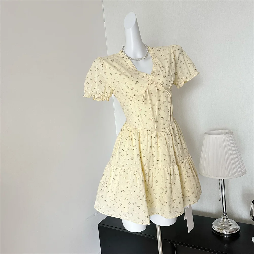 French Floral Printed Short Dresses for Women Y2K V-neck High Waist Birthday Party Dress Korean Chic Prom A-line Summer Vestidos