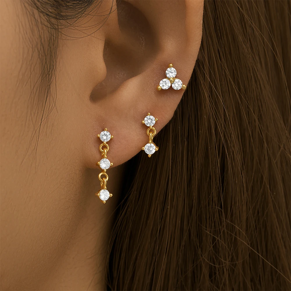 

QUKE 3PCS 1Set Real 925 Sterling Silver Classical Lay-up Stud Earrings For Women 18K Gold Zircon Fashion Jewelry Party Gifts