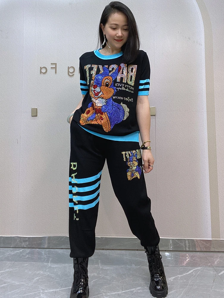 Cartoon Rabbit Sequins Knitted Long Pant Sets Tracksuit Women 2 Piece Set Casual O Neck Short Sleeve T Shirt Matching Sets 2024 2
