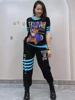 Cartoon Rabbit Sequins Knitted Long Pant Sets Tracksuit Women 2 Piece Set Casual O Neck Short Sleeve T Shirt Matching Sets 2024 2
