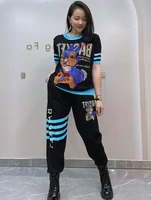 Cartoon Rabbit Sequins Knitted Long Pant Sets Tracksuit Women 2 Piece Set Casual O Neck Short Sleeve T Shirt Matching Sets 2024 2