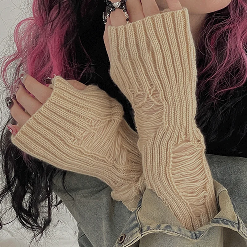 Y2K Gloves Long Fingerless Glove Oversleeve Men Women Knitted Soft Skin Friendly Hole Gloves Stretch Winter Arm Warmer Mitten