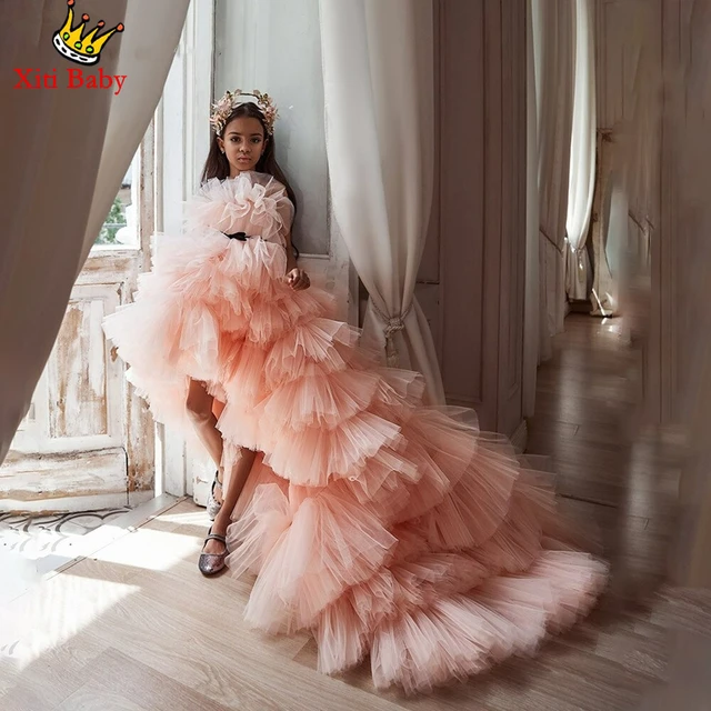 Pink Elegant Baby Girl Birthday Dress Fluffy Flower Girl Dress For Wedding  Bow Kids Princess Ball Gown Lush Dresses For Girls - AliExpress