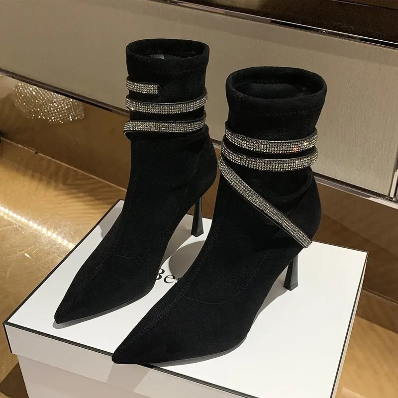 Ankle Boots Women Boots Women Shoes Woman Fashion High-heeled Pointed Flock Boots Spring Autumn Rhinestone Short Boots Drop Ship