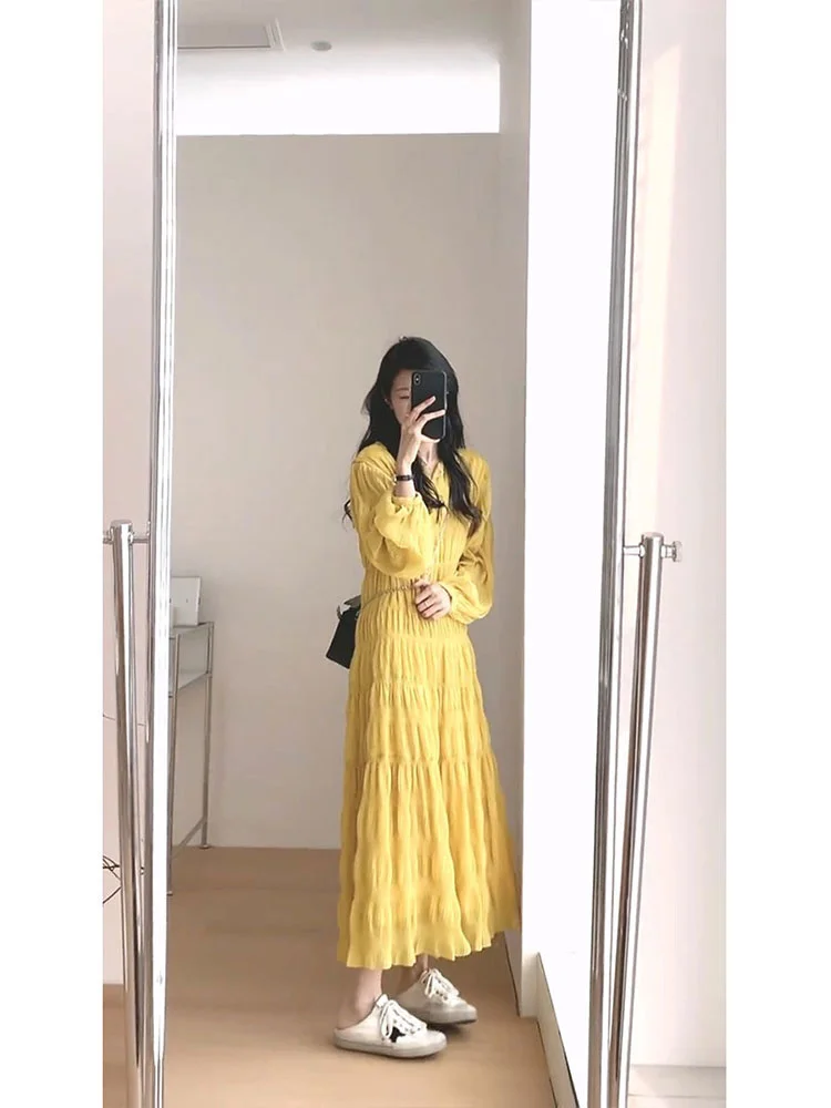 

Spring Dressed Women 2023 New Gentle French Tea with Unique and Beautiful Taste; High end Exquisite Yellow Dress
