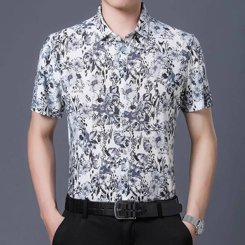 Hawaiian Shirt Men 2024 Summer Short Sleeve Elastic Shirt Business Leisure Man Loose Black Clothes