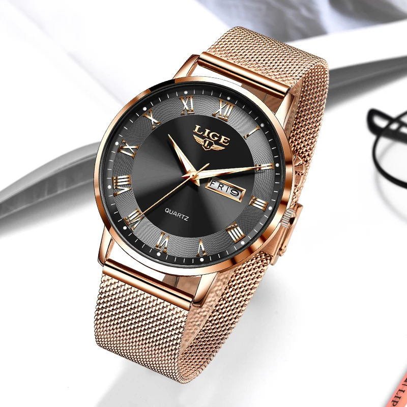 LIGE Woman Watch Luxury Ultra-thin Watch Bracelet Week Date Watches for Women Fashion Dress Ladies Watches Rose Gold Clock Gift