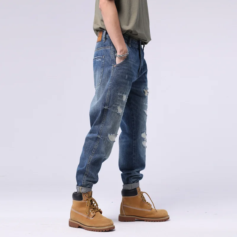 American-style tide brand high street hole wash water to make old knee patch loose patch summer jeans men cargo pants men