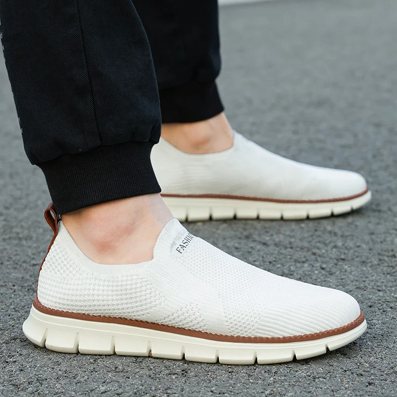 Summer Knit Men's Loafers Shoes Trend Breathable Slip-on White Sneakers Man Fashion Lightweight Casual Shoes For Men Big Size 48