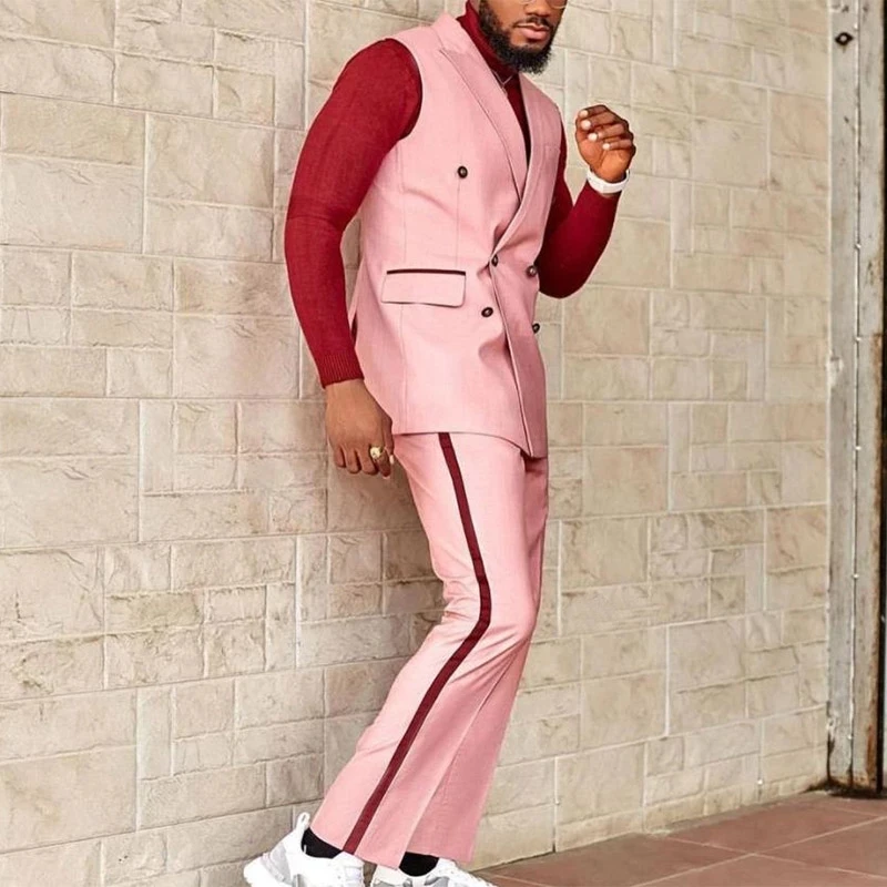 Made Pink Notch Lapel Double Breasted Wedding Slim Fit Groom Tuxedo Terno Masculino Prom Blazer Men Suits (Vest+Pants)