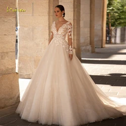 Loverxu A-Line Elegant Wedding Dresses 2024 V-Neck Long Sleeve Tulle Vestido De Novia Appliques Beaded Delicate Robe De Mariee