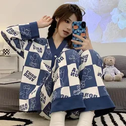 Japanese Kimono Autumn Winter Womens Pajamas Sets Cotton Long Sleeves Homesuits Casual V-neck Lapel Sleepwear