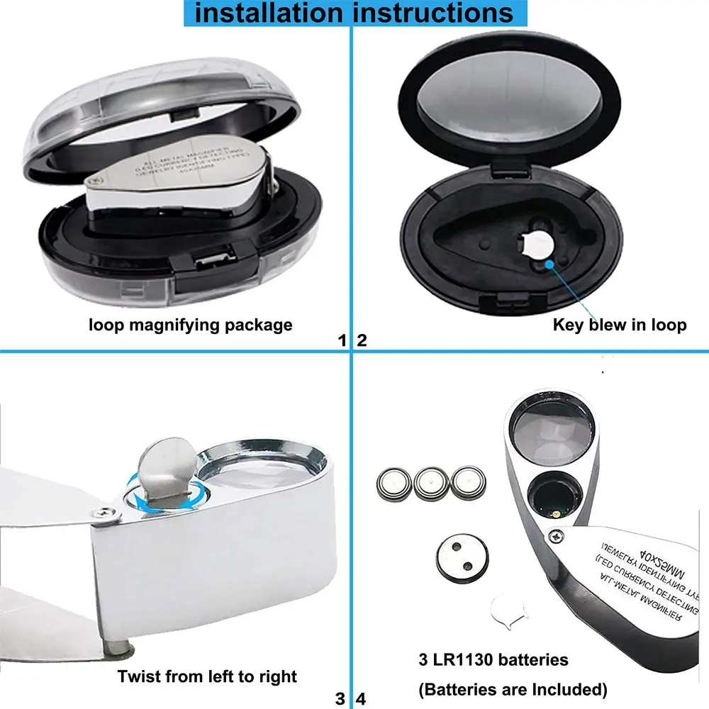 Magnifying glass 40X Jewelers Loupe Magnifier Metal Magnifying Glasses LED UV Illuminated Jewelry Loop Pocket Folding Magnifying Glass for Coins