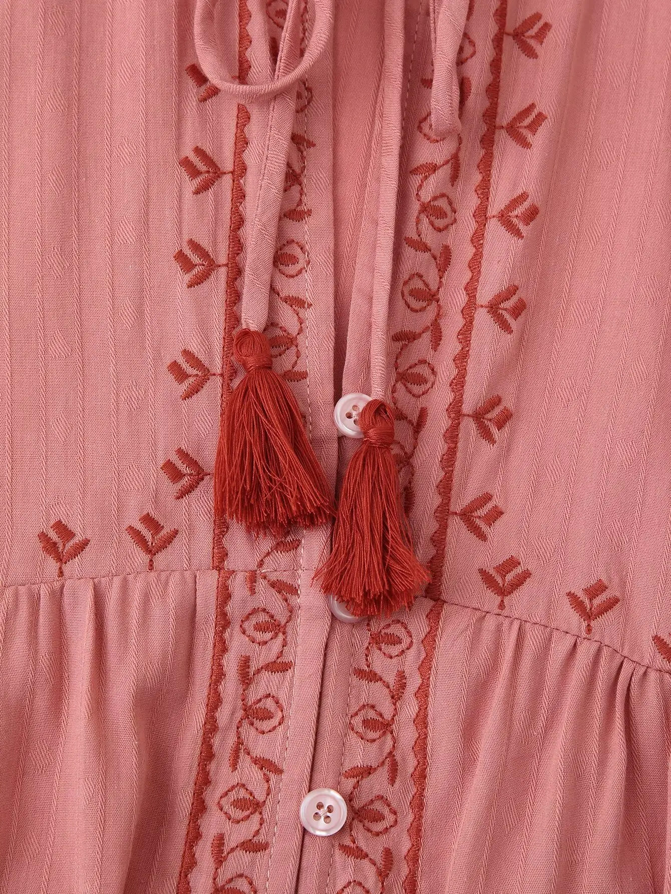 Women Spring Autumn Holiday Style Shirt Female Lace-Up Ruffled V-Neck Long-Sleeved Boho Embroidered Loose Blouse Casual Beach To