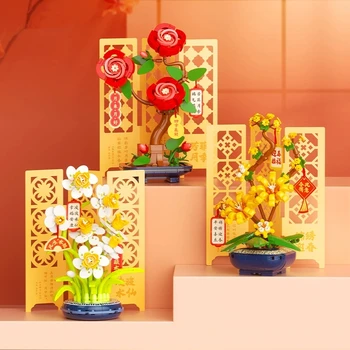 DIY Romantic Narcissus Annual Roses Flowers Gardens Valentine's Day Building Blocks Classic Model Mini Bricks Sets Kids Kits