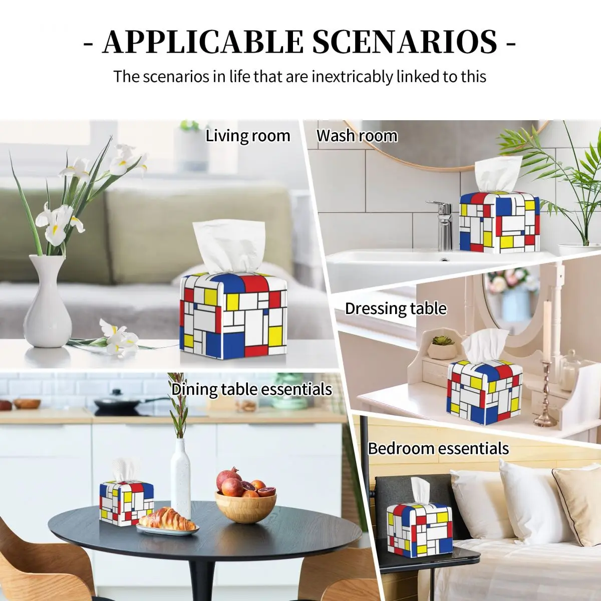Custom Mondrian Minimalist Modern Art Tissue Box Cover PU Leather Square Color Art Plaid Facial Tissues Holder for Office 5