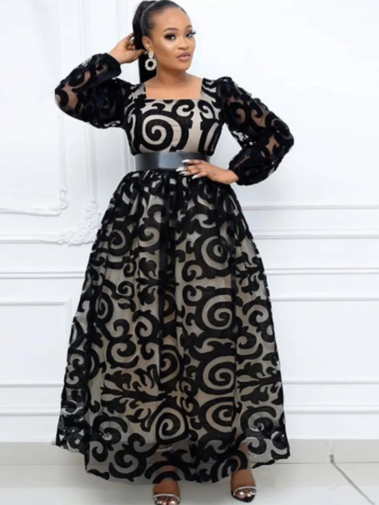 

Women Large Dresses Elegant Vintage Flocking Tulle Black Print Ball Gowns Long Sleeve Maxi Dress for Birthday Party Spring 2023