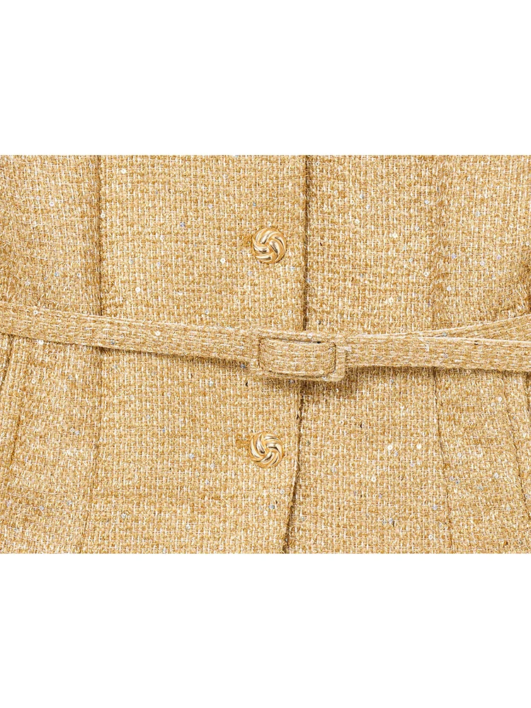 TFMLN New Women Sequin Tweed Vest With Belt Vintage Fashion O Neck Single Breasted 2025 Spring Sleeveless Waistcoat Chic Tops