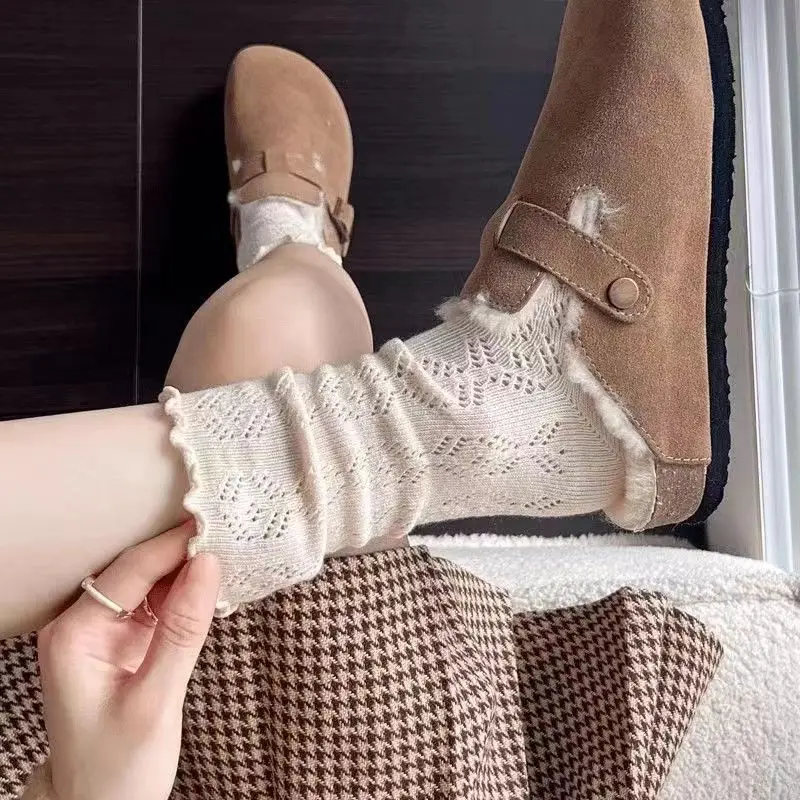 Autumn Women's Socks Lace Trim Hollow-Out Mesh Breathable Slouch Solid Color Instagram Style