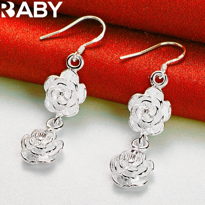 

925 Sterling Silver Two Rose Flower Long Drop Earring For Woman Romantic Wedding Engagement Party Charm Accessories Jewelry Gift