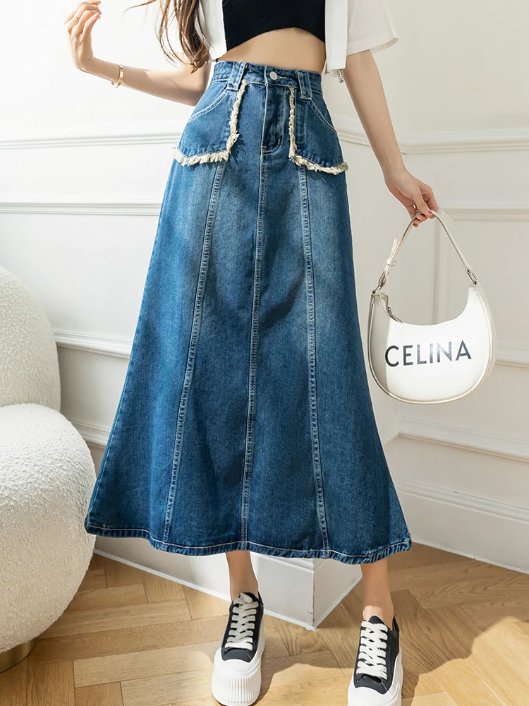 TIGENA Fashionable Maxi Denim Skirt Women 2022 Spring Summer Vintage Solid A Line High Waist Jeans Long Female with Pocket |