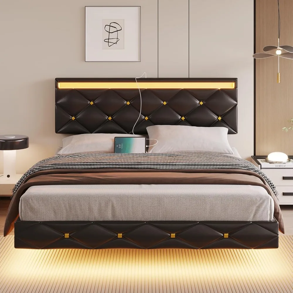 Description Picture 4 of itemLarge Floating Bed Frame with Headboard, Soft Cushioned Platform Bed, with LED Lights, Imitation Leather Low Bed Frame, Black