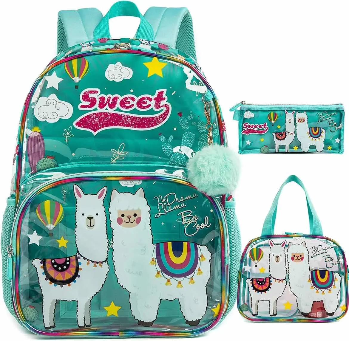 3pcs/set Transparent Kids Backpack with Cartoon Print Lightweight Waterproof Boys and Girls School Bags Lunch Bag Pencil Case