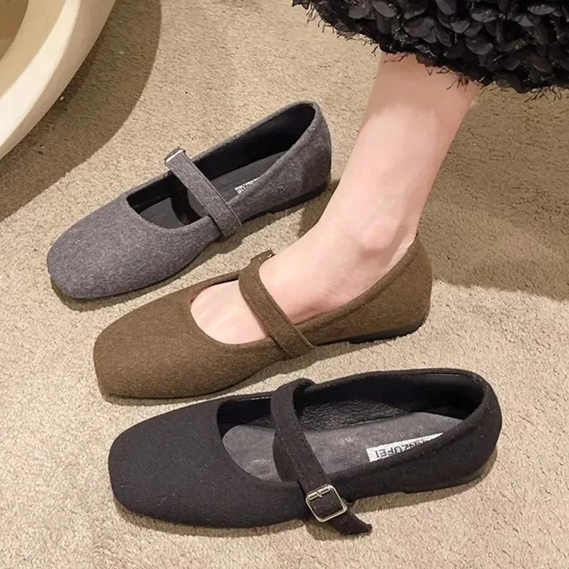 Women's Felt Mary Janes Shoes Square Toe Ballet Flats for Female New Fashion Buckle Strap Ladies Shoes Spring Autumn 4