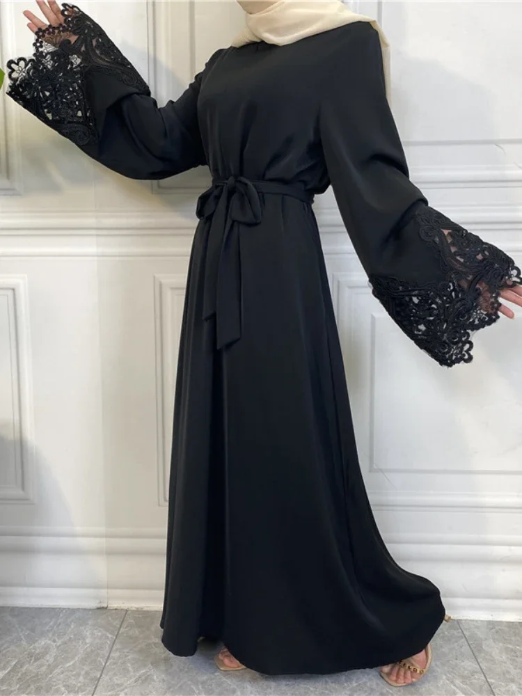 Ramadan Abaya with Zipper Front Dubai Turkey Muslim Hijab Dress Black Closed Abayas for Women Lace Dresses Islam Clothes Kaftan