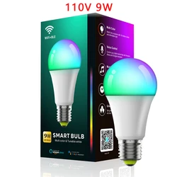 Smart RGB LED Light Bulb - WiFi Controlled, Dimmable, Voice - Activated, 9W, Color and White Adjustable (1pcs - WIFI 110V)