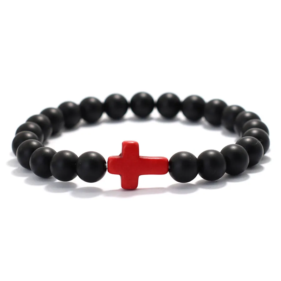 Men Onyx Stone Cross Bracelet 8mm Strand Beach Casual Accessories