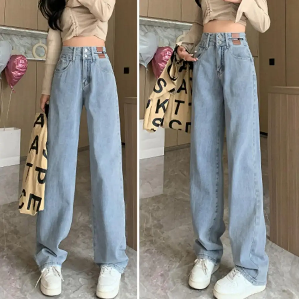 

Button Zipper Closure Denim Pants High Waist Wide Leg Women's Jeans with Deep Crotch Soft Colorfast Fabric for Ladies for Women