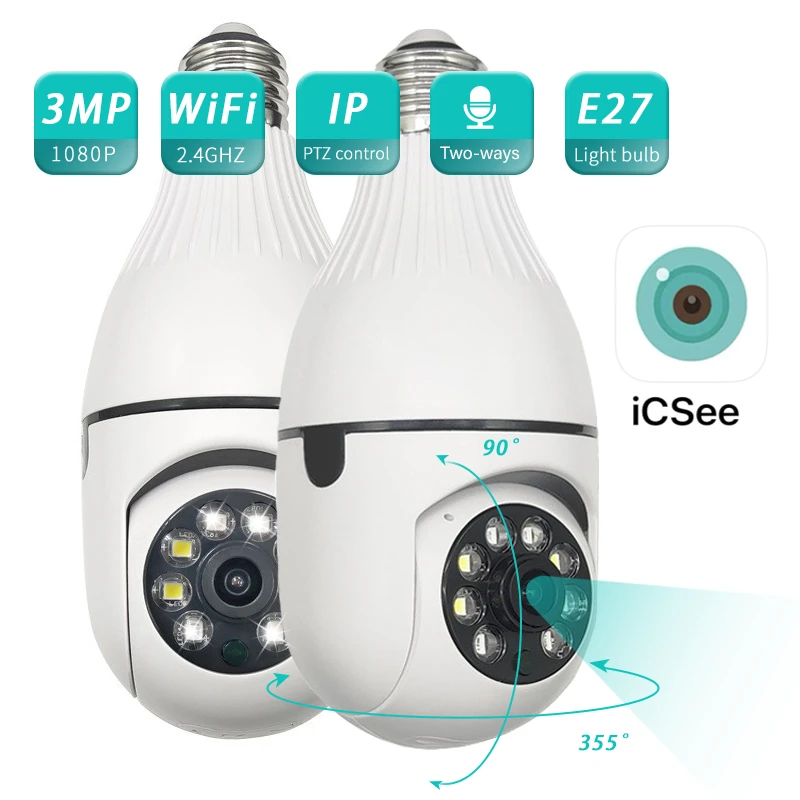 3mp E27 Bulb Camera Wifi Surveillance Wireless Indoor Night Vision Full