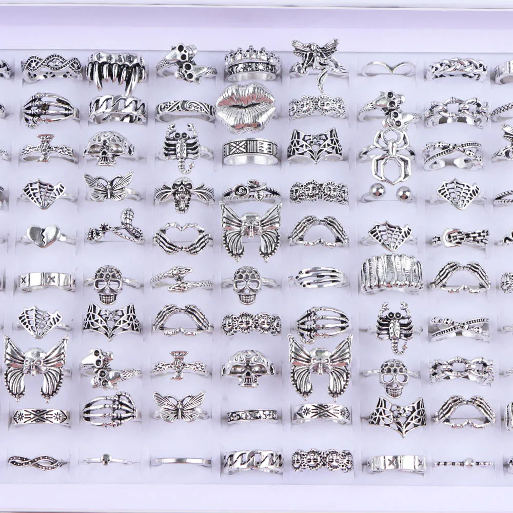 10/20/30/50Pcs/Lot Punk Finger Ring Set For Men Women Mix Style Flower Tai Ji Heart Love Snake Jewelry Party Gifts 2