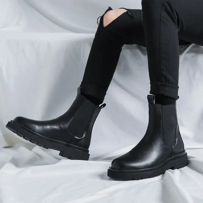 

2023 Spring Autumn Winter Chelsea boots Men's Japan Korean Fashion Boots British Plush High Top Black Men's Shoes