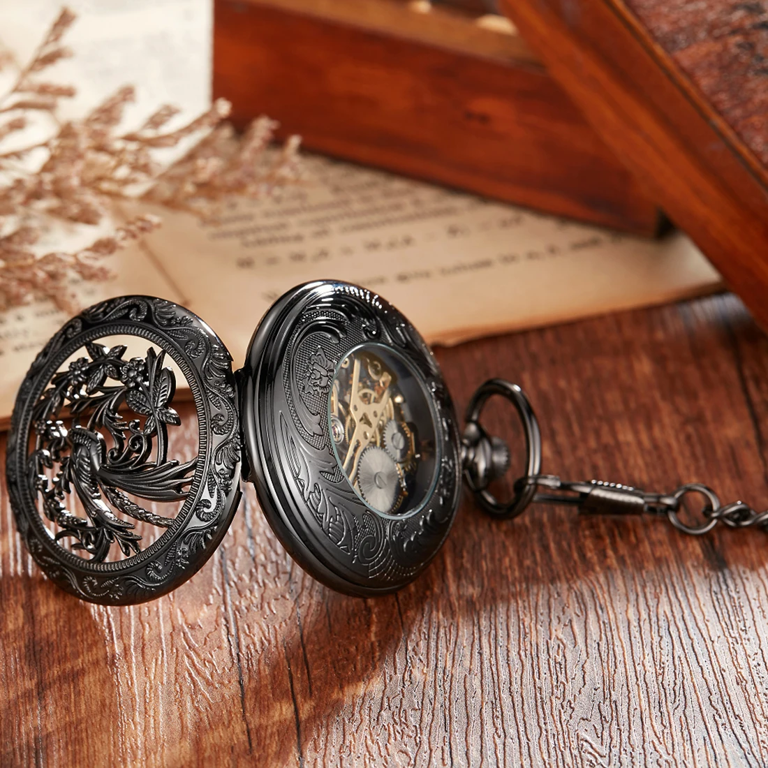 Luxury Mechanical Clock Vintage Man Pocket Watch Black Chain Steampunk Skeleton Classic Watches for Men Chinese Factory Pendant