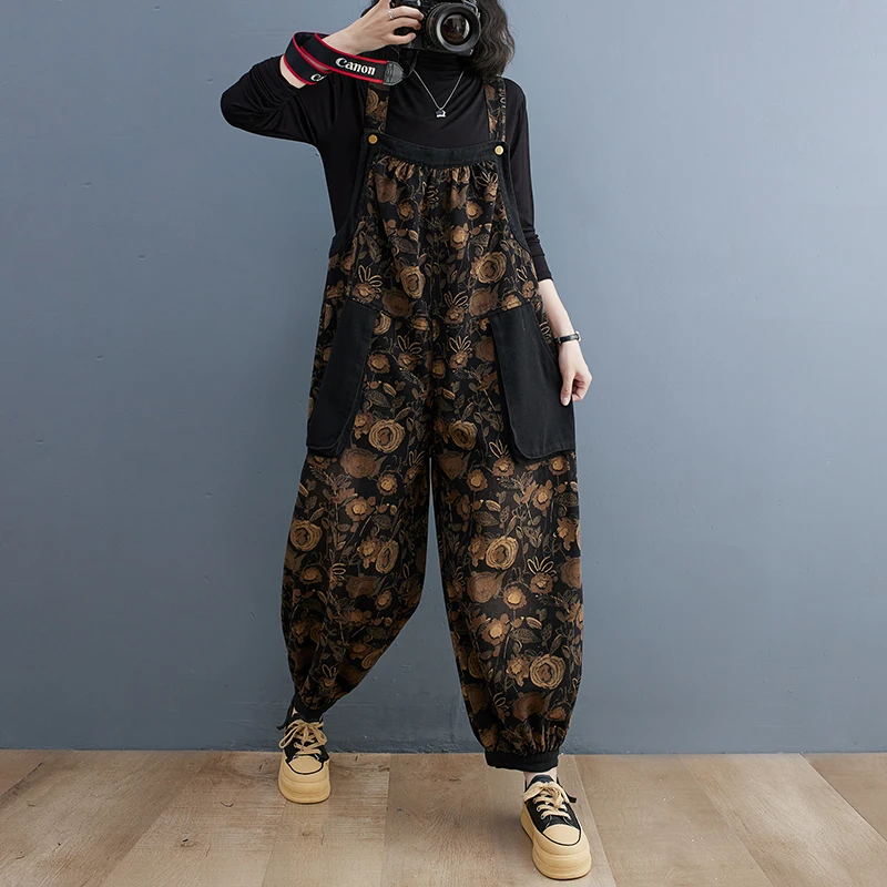 

#1478 Floral Print Denim Jumpsuits Women Loose Vintage Denim Overall Loose Retro Wide Leg Jeans Jumpsuits Ladies Pockets Autumn