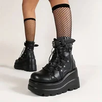 Women's Goth Cosplay Wedge Combat Ankle Boots Fashion Stylish Punk Buckle Lace-up Zipper Dress Boots Ladies Summer Outdoor Shoes - Image 3