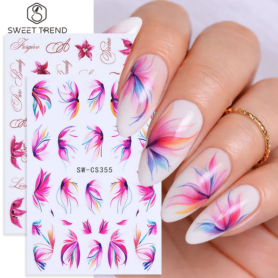 2pcs 기하학 꽃 잎 네일 스티커 여름 피는 꽃잎 알파벳 네일 데칼 슬라이더 D..