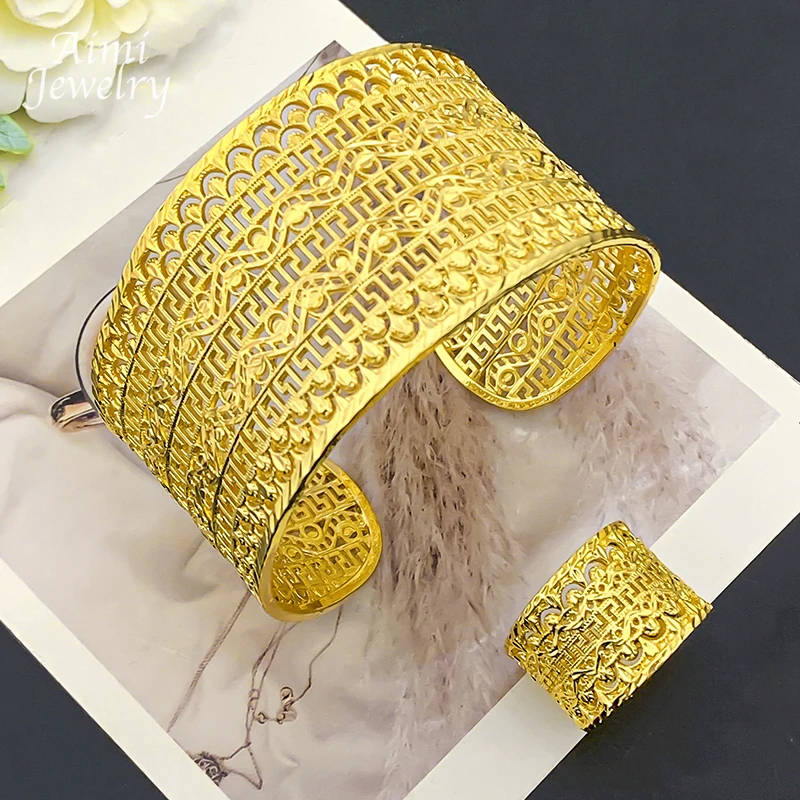 Manschetten-Armreif-Schmuck, hohl, 18 Karat vergoldet, Schmuckset für Frauen, Luxus-Muster, Armband, Ring, afrikanische Braut-Hochzeitsgeschenke – Detail 15