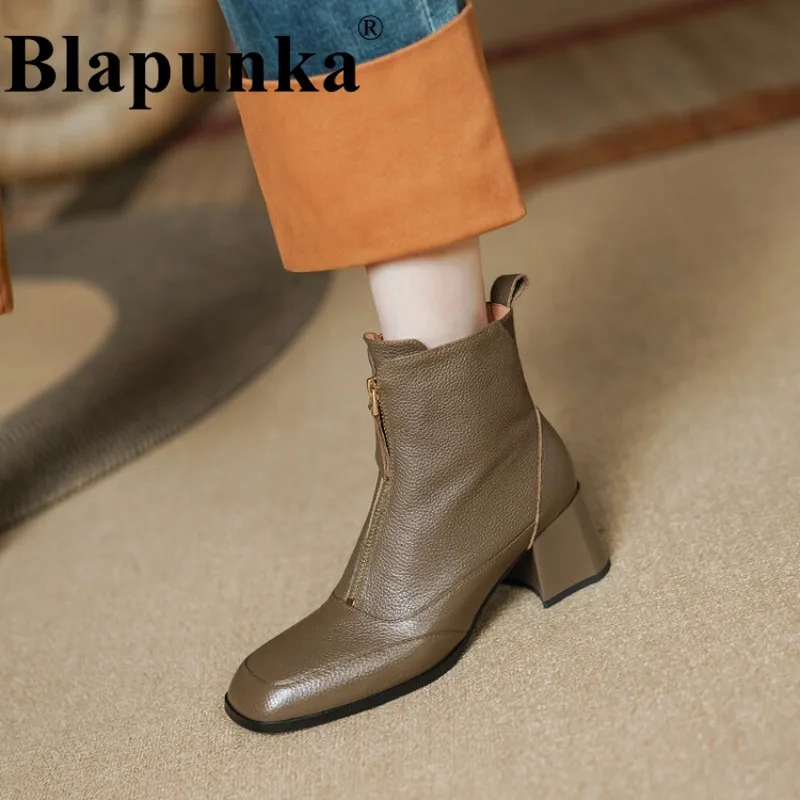 

Blapunka Real Genuine Leather Boots Women Quality Chunky Heels Front Zipper Ankle Boots Winter Woman Olive Green Shoes Mature 40
