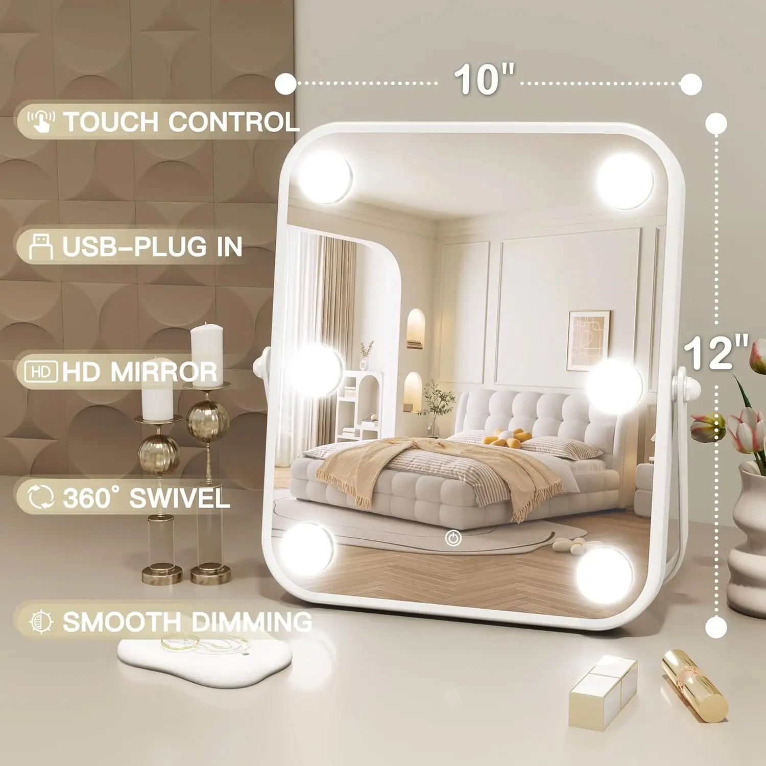 14 inch x 12 inch LED makeup mirror, equipped with lighting, intelligent touch control, adjustable in 3 colors, 360 ° rotation