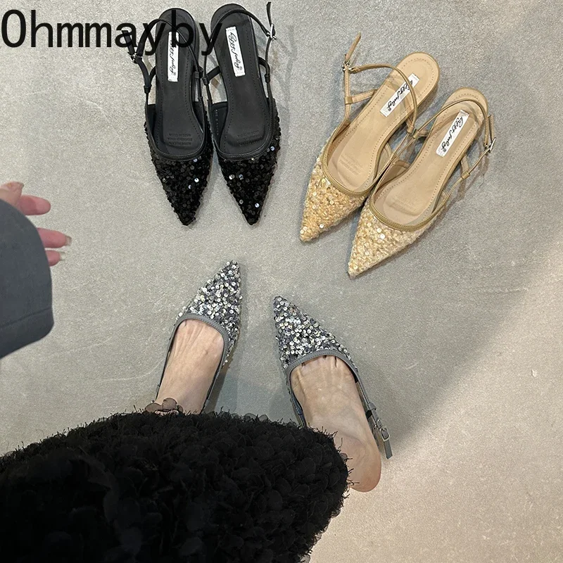 

Сандалии женские летние с острым носком, модные элегантные босоножки без задника, Уличная обувь, классические туфли на плоской подошве