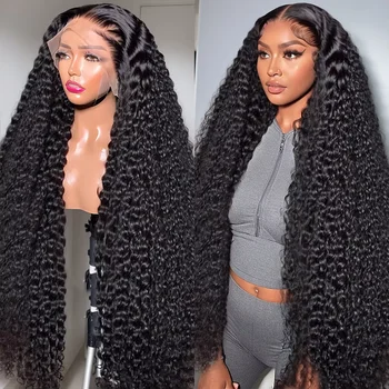 40 46 Inch 13x4 13x6 Full Frontal HD Transparent Lace Long Deep Wave Brazilian Remy Human Hair Pre plucked Wigs 200 Density 1