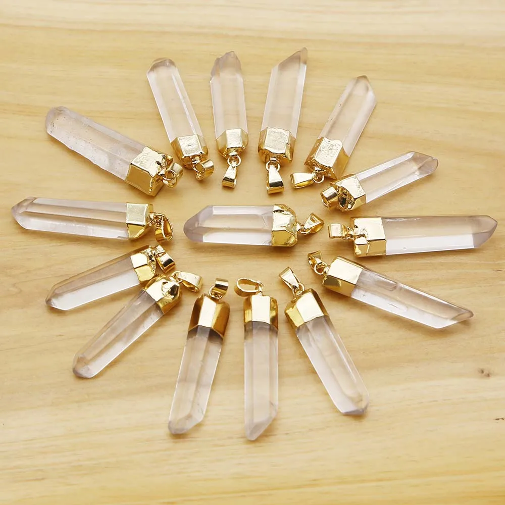 

Natural Raw Ore Stone White Crystal Pillar Gold Plated Pendant Necklace Exquisite Fashion Charm DIY Jewelry Wholesale Gift 12Pcs