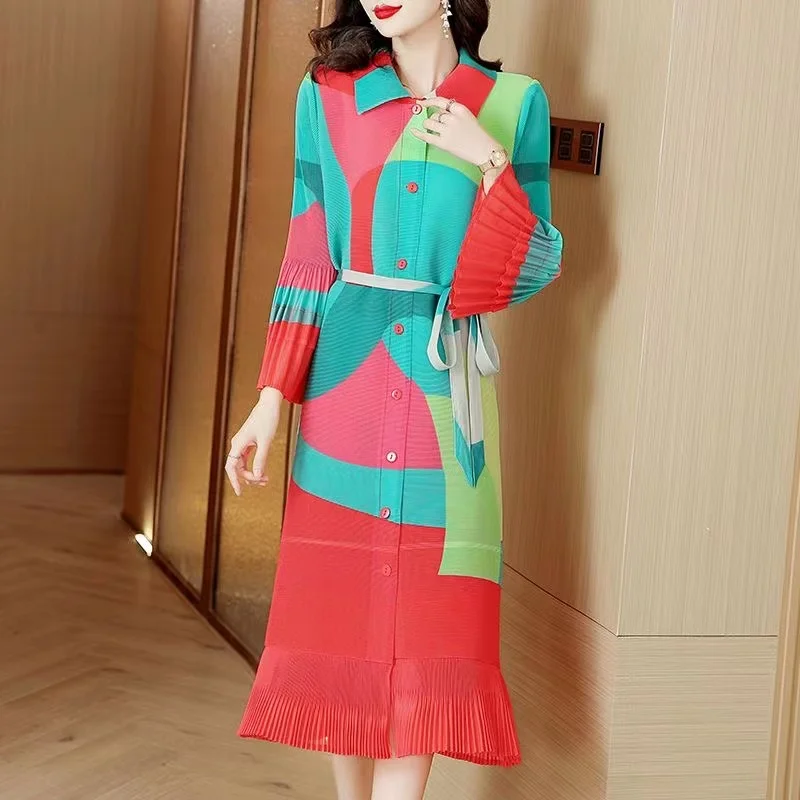 

2024 New Miyake Magic Pleated Dress Women's Loose Large Polo Collar Flare Sleeve Ruffle Print Long Sleeve Cardigan Long Dress